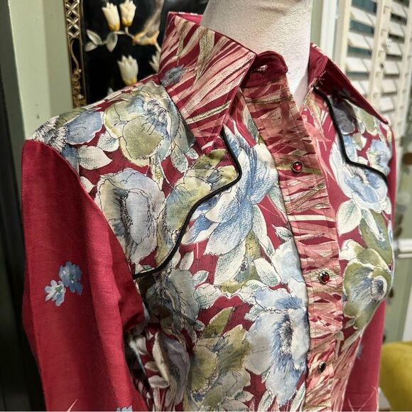 NOS USA Made Tem Tex Western Button Down Floral Rockabilly Snap Shirt Size 12 - Picture 4 of 10